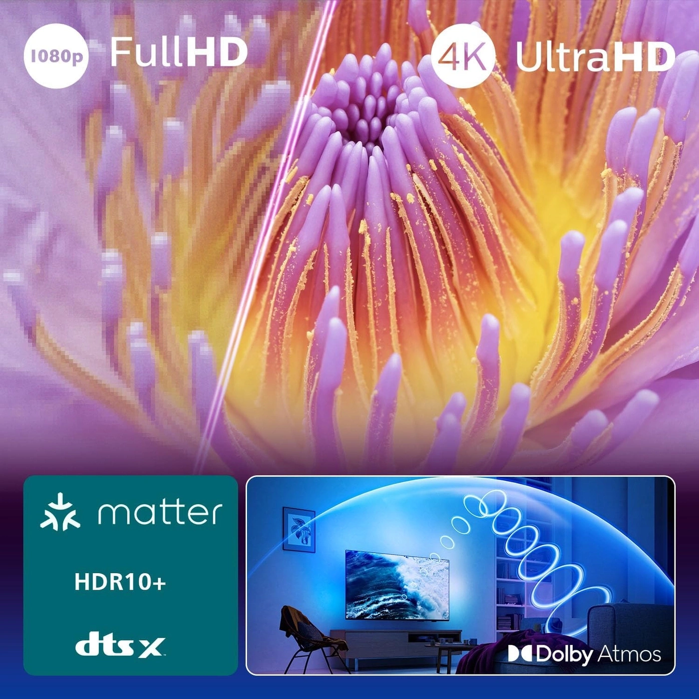 Philips TV mit 4K Ultra HD, Dolby Atmos und HDR10+.