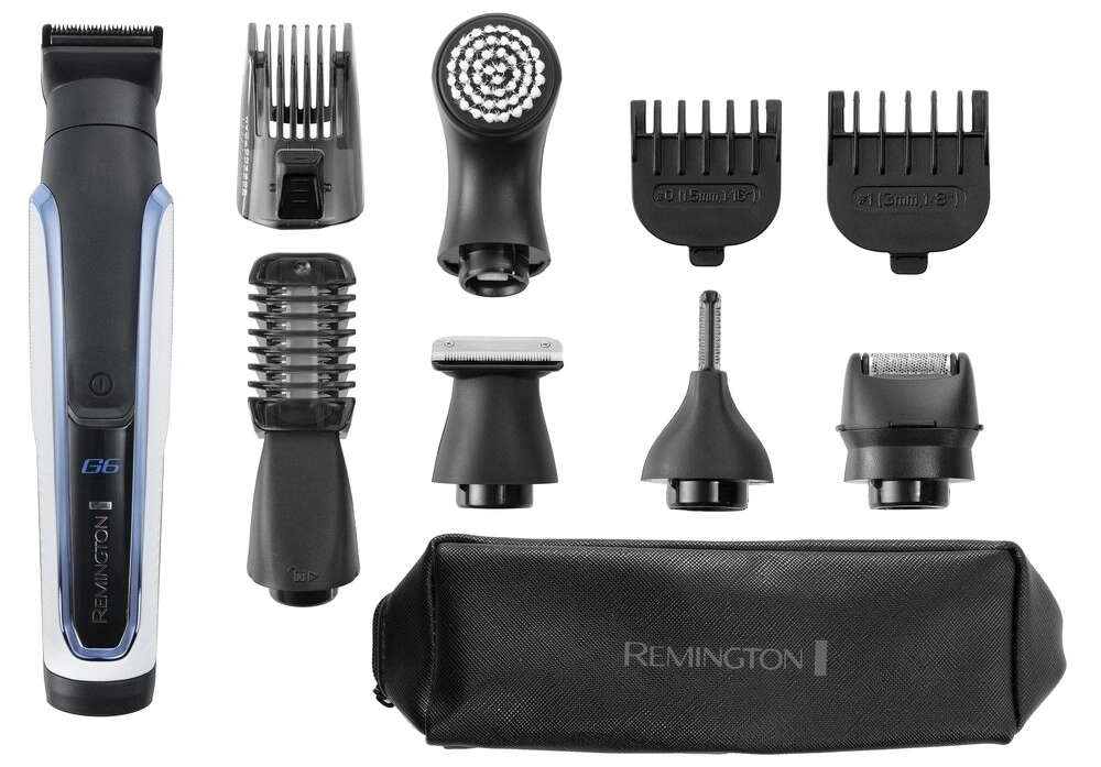 Rasierer-Set mit verschiedenen Aufsätzen und einer Aufbewahrungstasche von Remington.