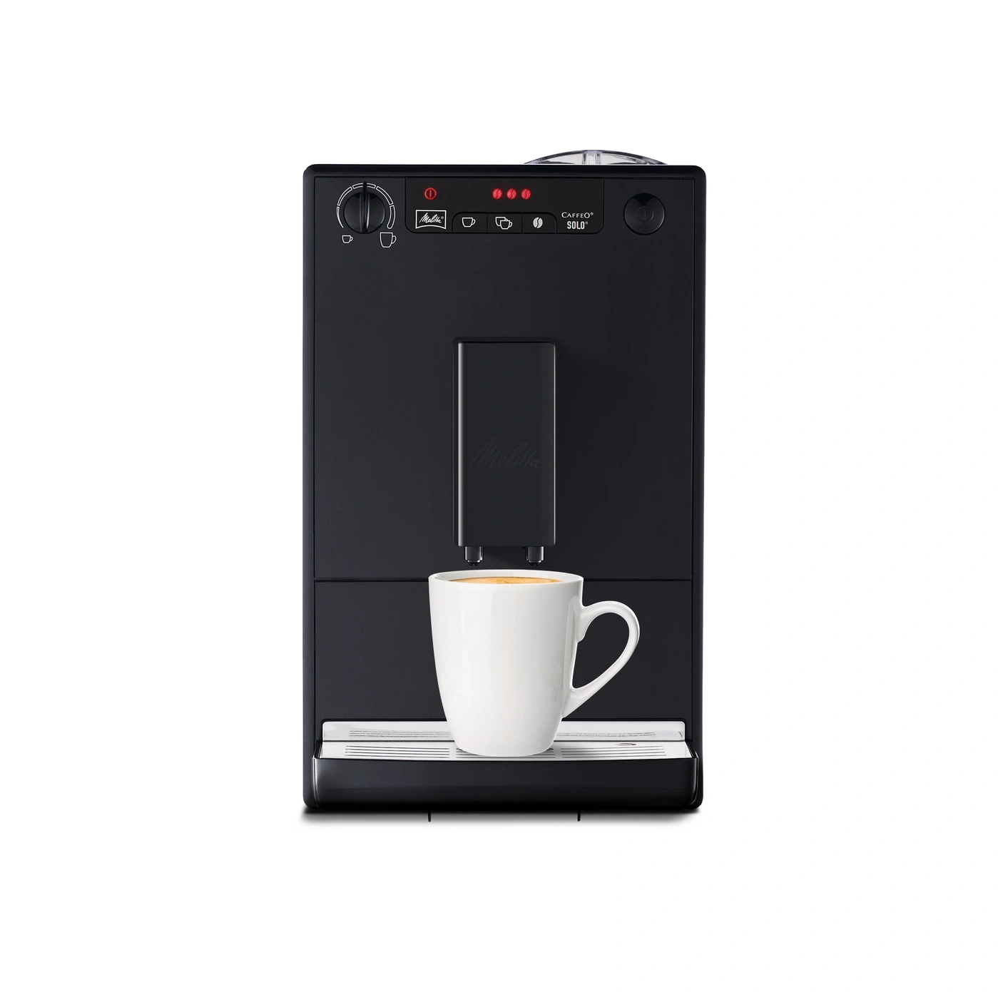 Schwarze Kaffeemaschine mit einer Tasse Kaffee, Melitta Caffeo Solo