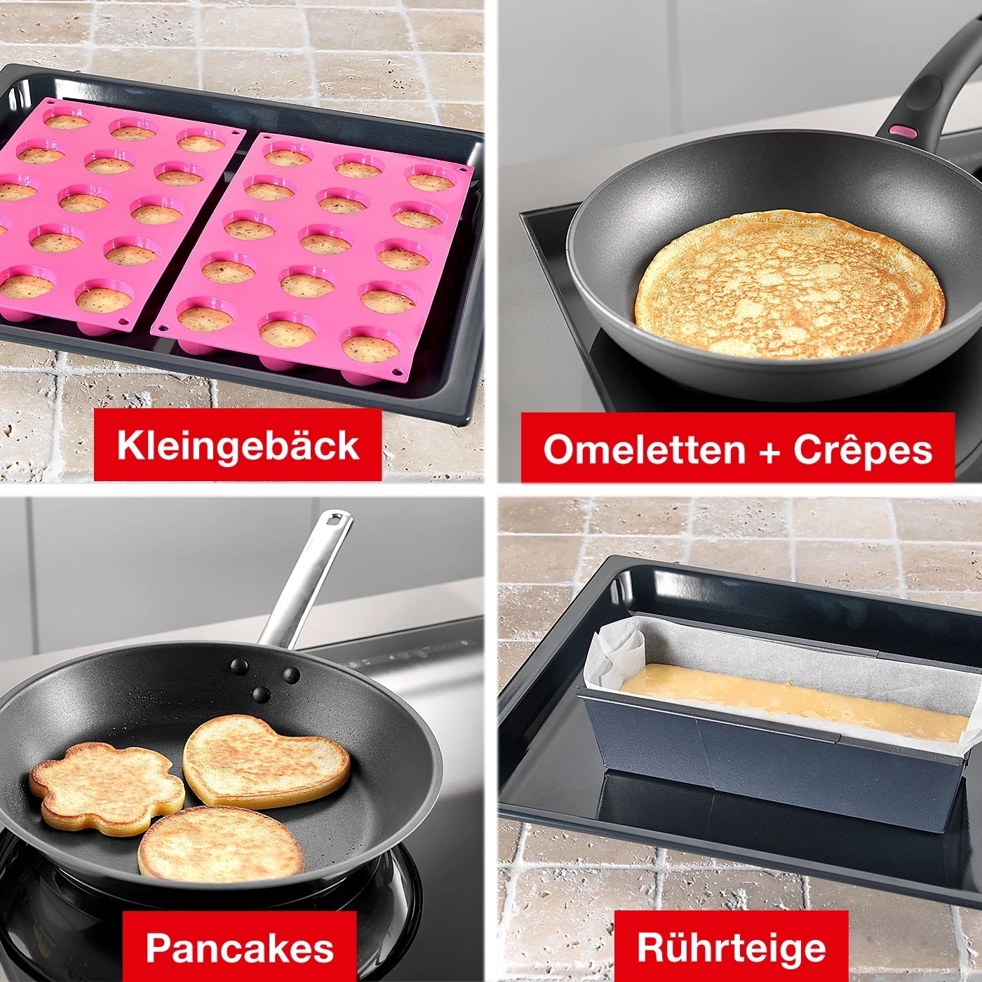 Backformen, Pfannen und Teigwaren: Kleingebäck, Omeletten, Crêpes, Pancakes, Rührteige