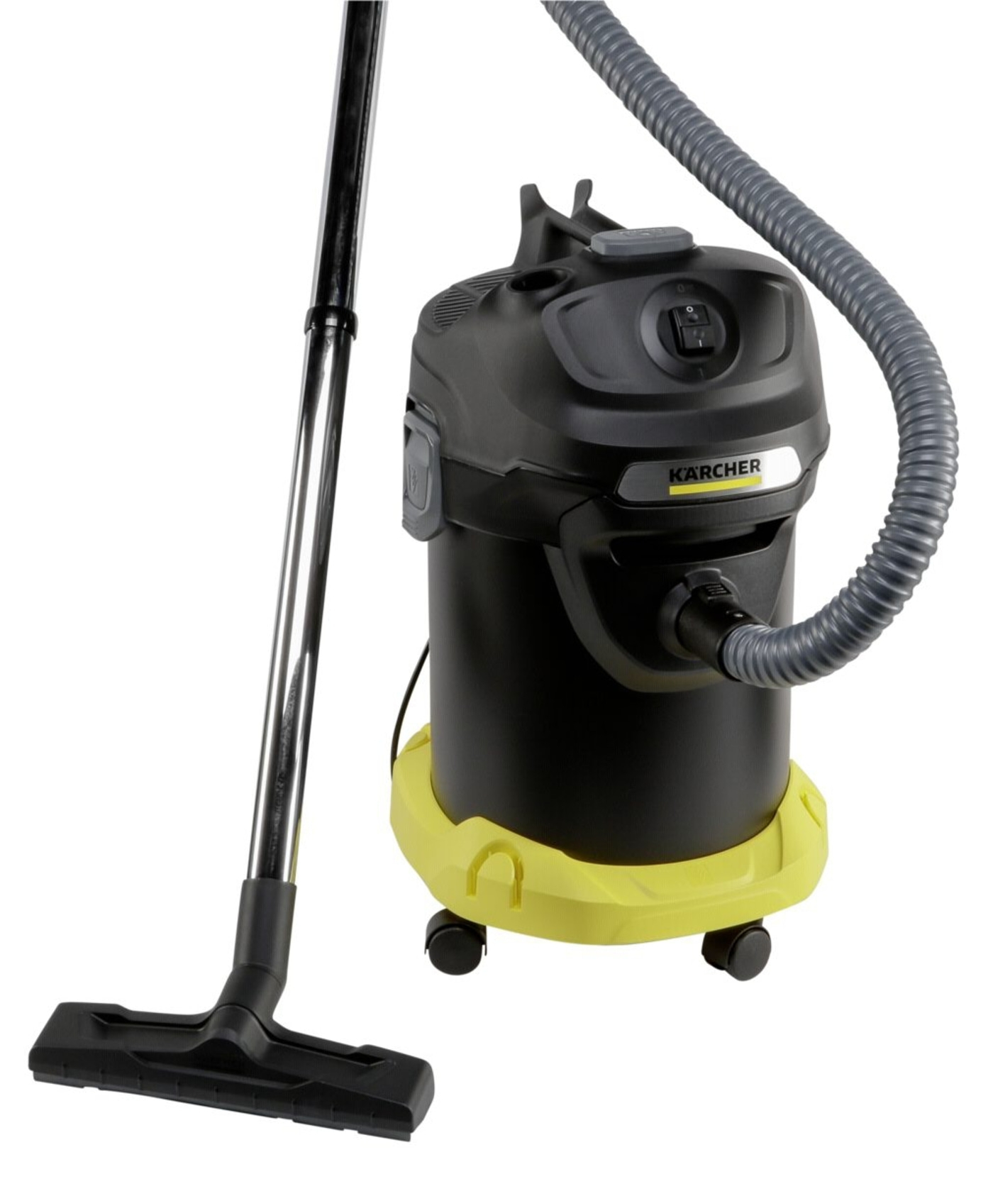 Schwarzer Staubsauger mit gelbem Rand und silbernem Rohr, Kärcher-Logo