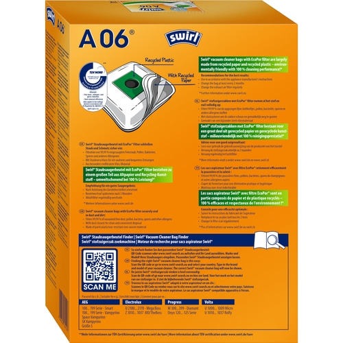 Swirl Staubsaugerbeutel A06 Packung mit Recyclingpapier und -kunststoff, Scan-Me-Code, AEG, Electrolux, Progress, Volta