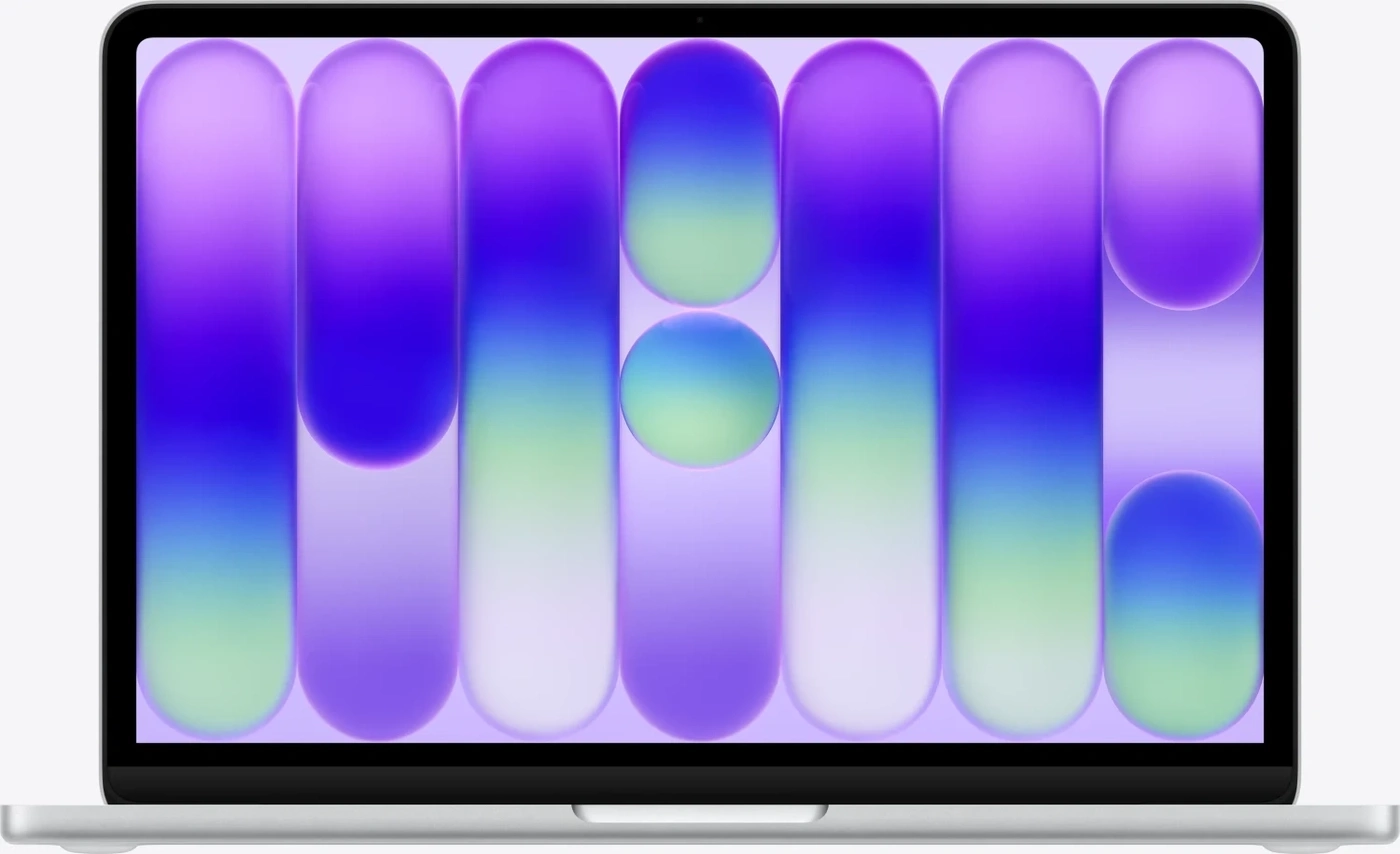 Laptop mit violett-grünem abstrakten Hintergrund auf dem Bildschirm.