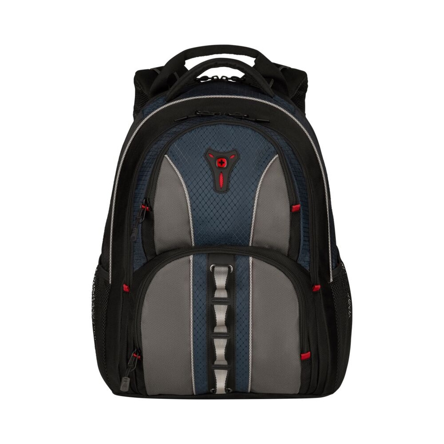 Blauer Rucksack mit grauen Akzenten und roten Reißverschlüssen, ideal für den Alltag.