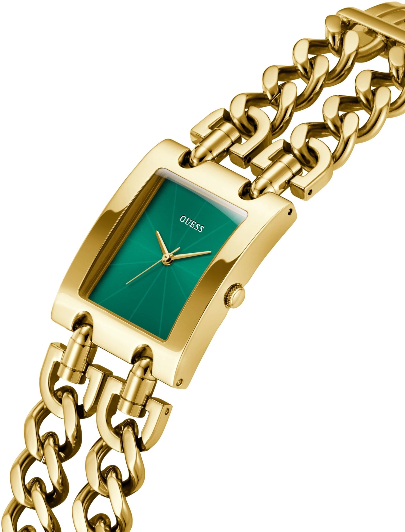 Goldene Guess-Uhr mit smaragdgrünem Zifferblatt und Gliederarmband.