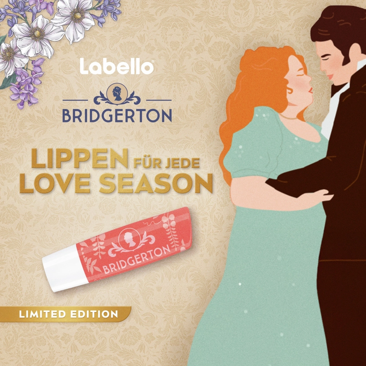 Labello Bridgerton Lippenpflege für jede Love Season mit einem Paar im Tanz.