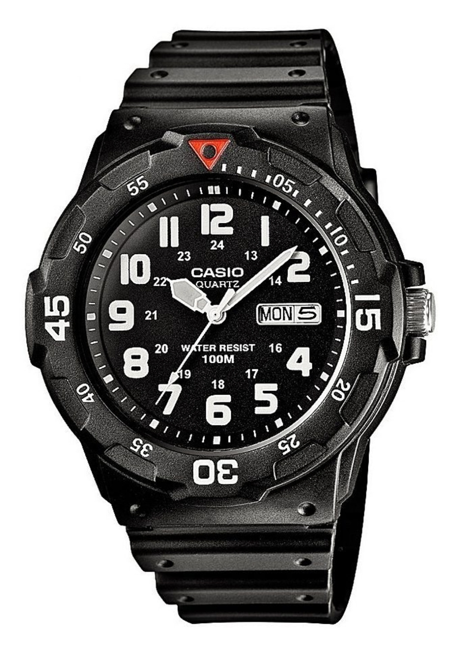 Schwarze Casio-Uhr mit digitaler Anzeige, Datum und Wasserdichtigkeit.