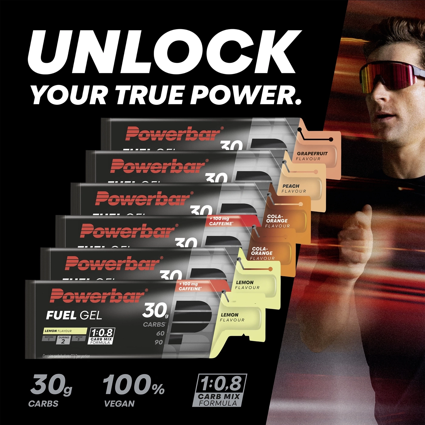 Ein Mann mit Sportbrille neben Powerbar Gels in verschiedenen Geschmacksrichtungen.