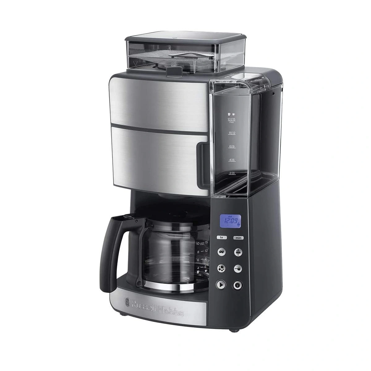 Kaffeemaschine mit Edelstahl-Design, digitaler Anzeige und Glaskanne für Kaffeezubereitung