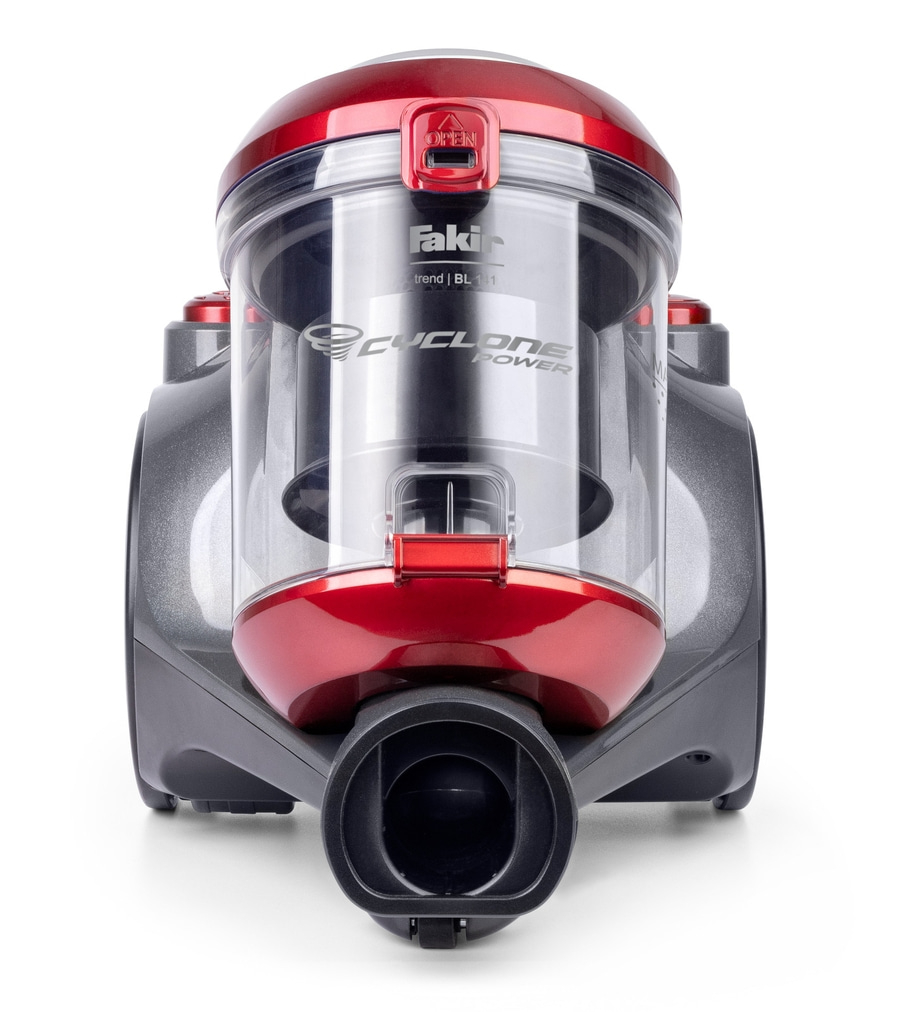 Ein roter und grauer Fakir Cyclone Power Staubsauger mit transparentem Staubbehälter.
