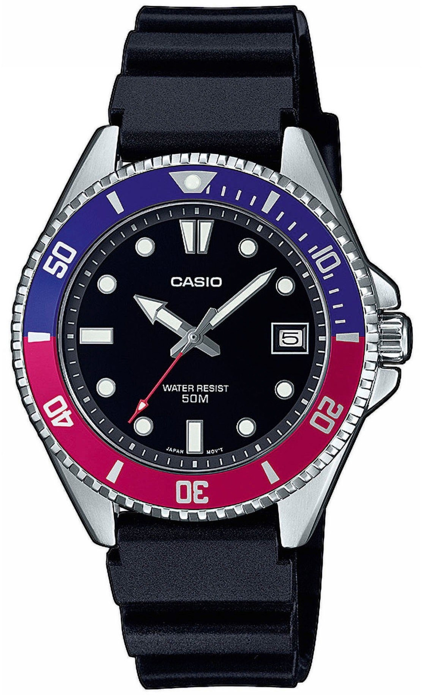 Casio-Uhr mit schwarzem Zifferblatt, blau-roter Lünette und schwarzem Armband.