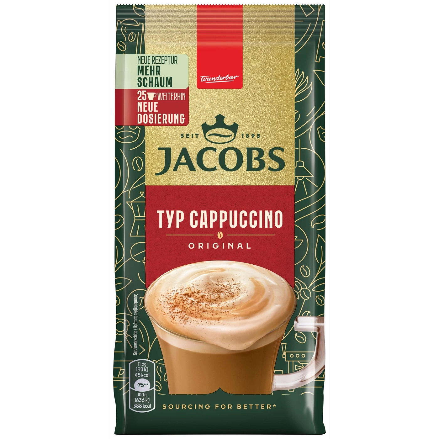 Jacobs Typ Cappuccino Packung mit mehr Schaum und neuer Dosierung.