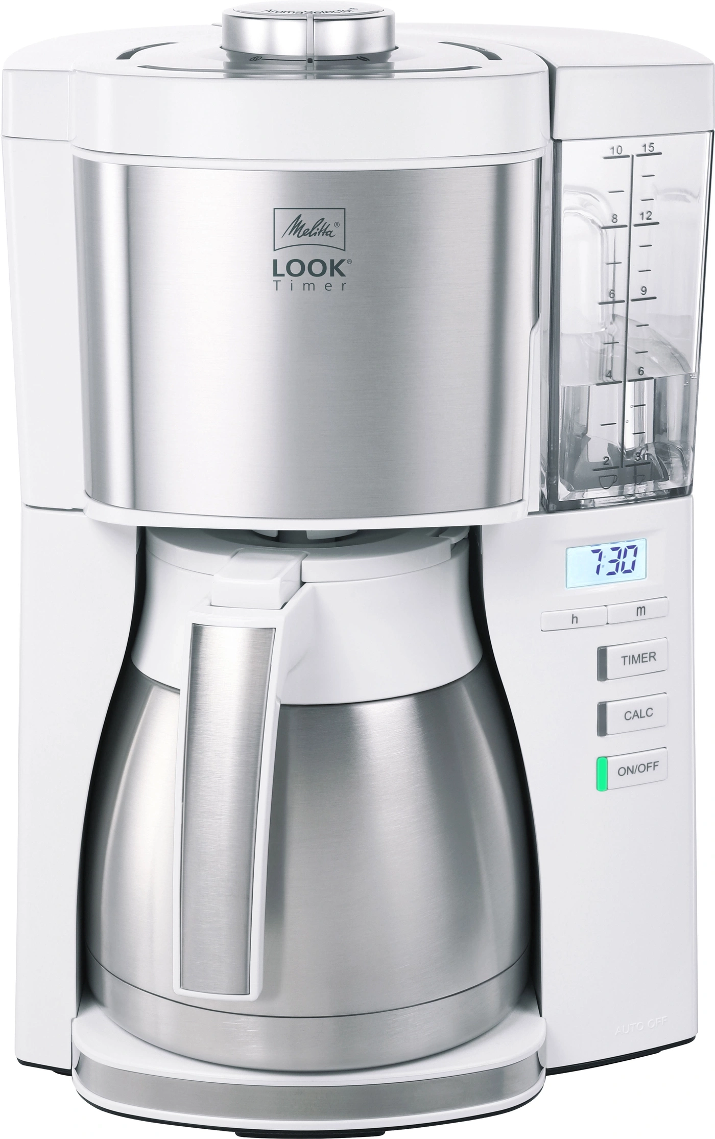 Eine weiße Melitta Kaffeemaschine mit Thermkanne