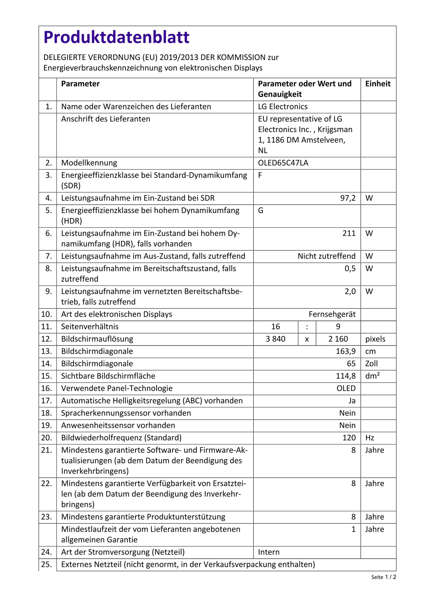 Produktdatenblatt mit technischen Daten zu einem Fernsehgerät, einschließlich Energieeffizienz.