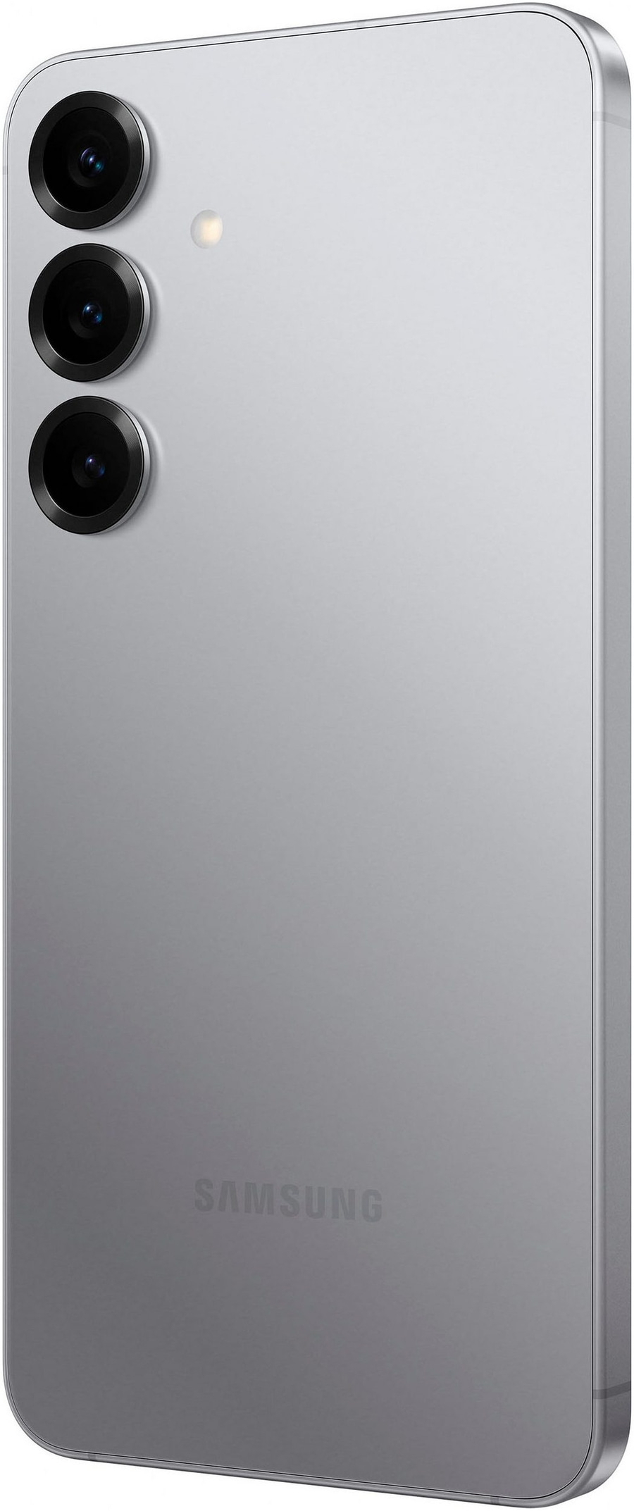 Graues Smartphone mit drei Kameras und Samsung-Logo auf der Rückseite.