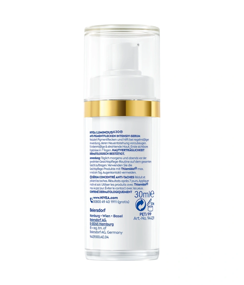 NIVEA Luminous 630 Anti-Pigmentflecken Intensiv-Serum Flasche mit Gelbgoldring.