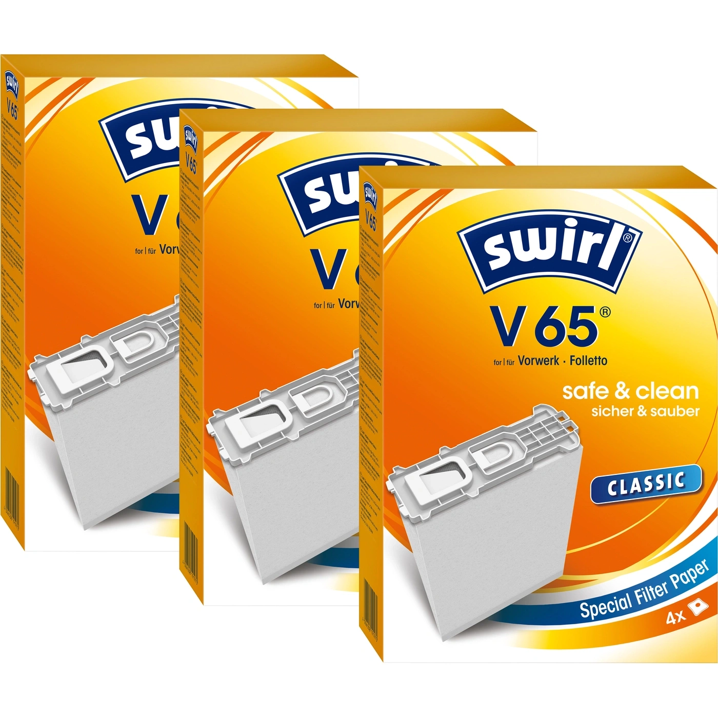 Swirl V65 Filterpapier, 3 Packungen, sicher und sauber, Classic, für Vorwerk Folletto, 4x