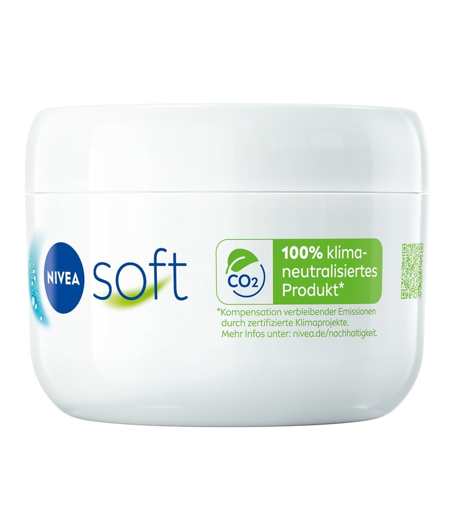 Nivea Soft Creme, 100% klimaneutrales Produkt, CO2-Logo, weiße Dose, Hautpflege