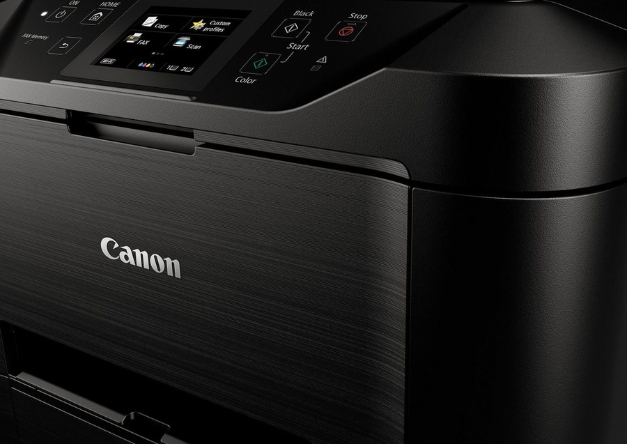 Canon-Drucker, schwarz, mit Bedienfeld und Tasten für Funktionen wie Kopieren, Scannen und Faxen.