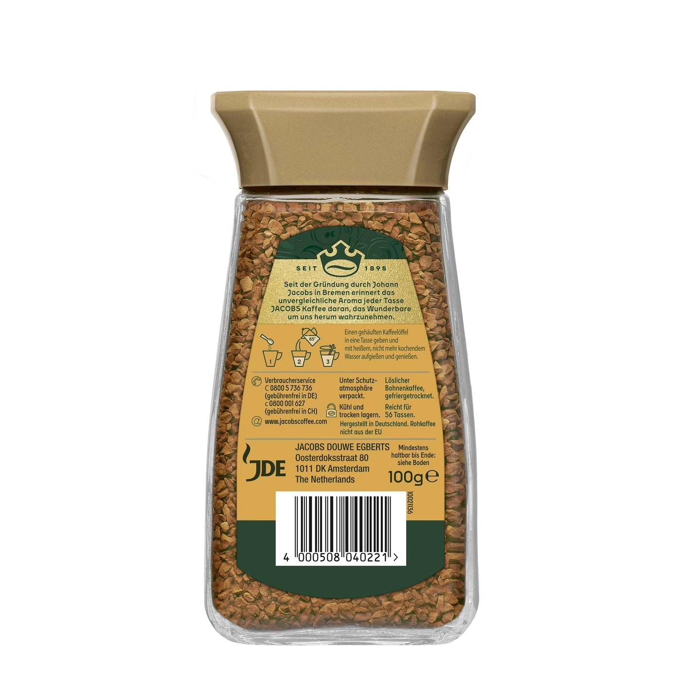 Glas mit Jacobs Instant Kaffee, 100g, und Informationen