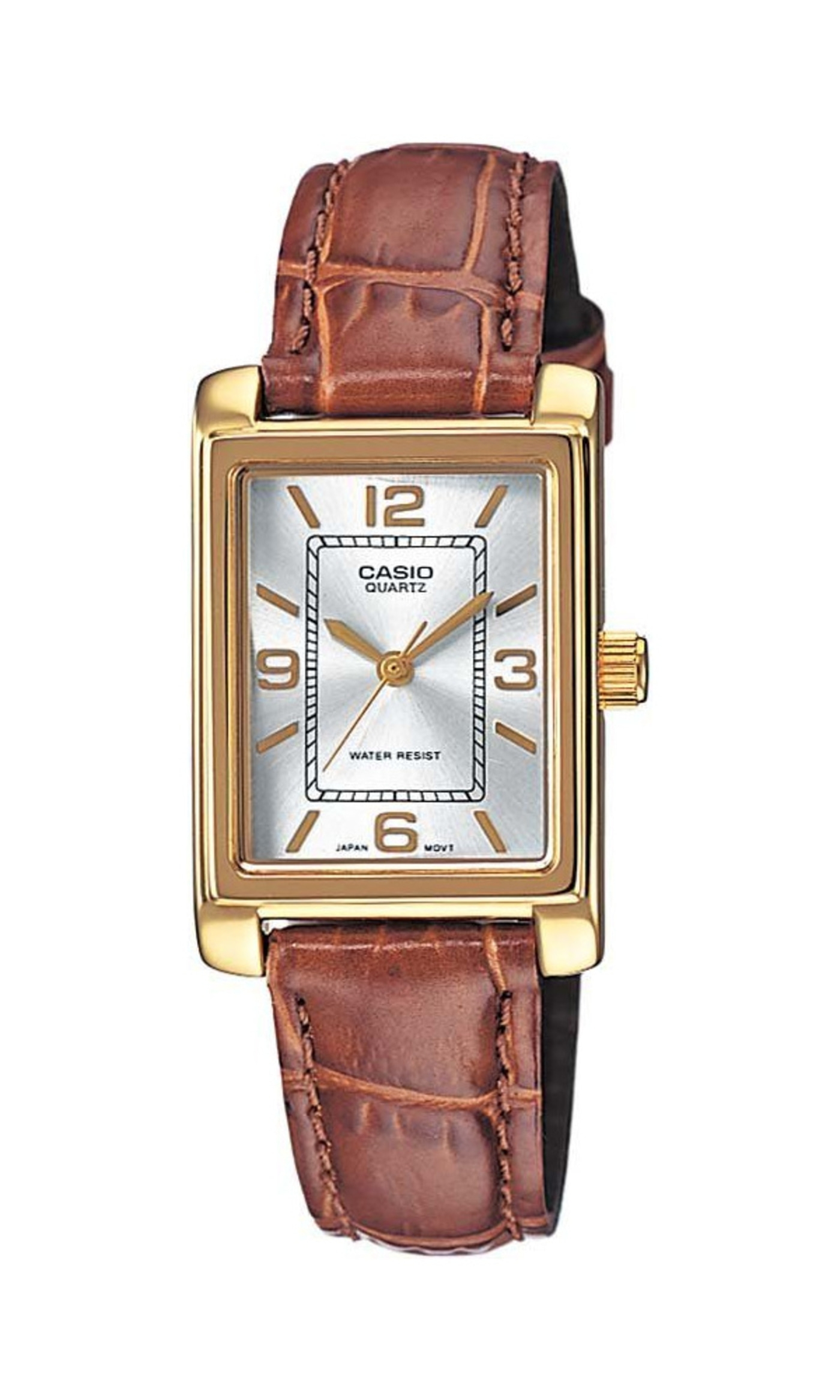 Goldene Casio-Uhr mit braunem Lederarmband, rechteckigem Zifferblatt und römischen Ziffern.