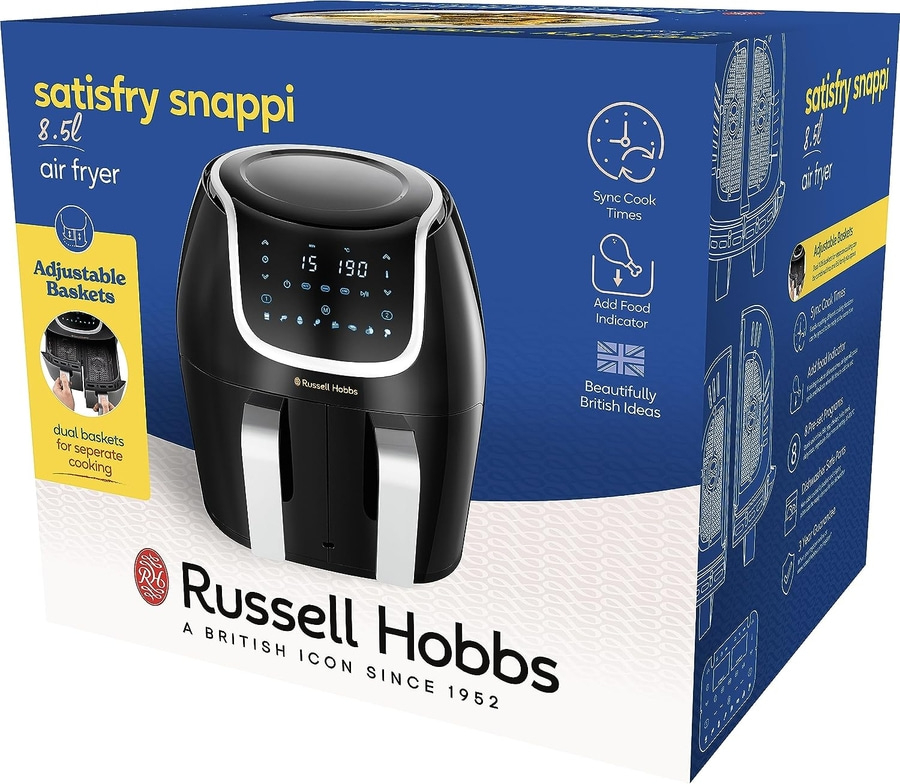 Luftfritteuse von Russell Hobbs, 8,5 l, mit einstellbaren Körben und Kochfunktionen.