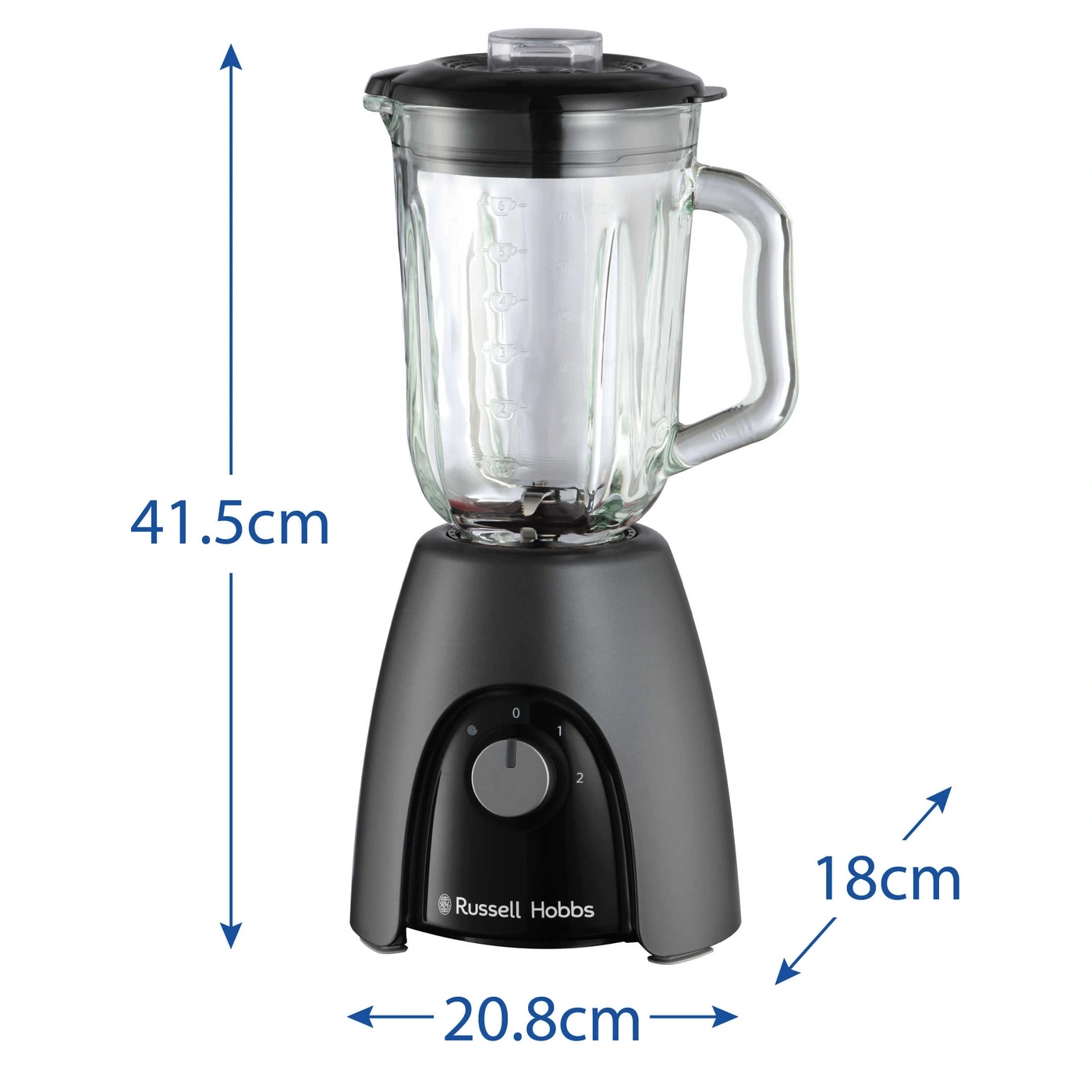 Schwarzer Mixer mit Glasbehälter, 41,5 cm hoch, 18 cm breit, 20,8 cm tief, Russell Hobbs.
