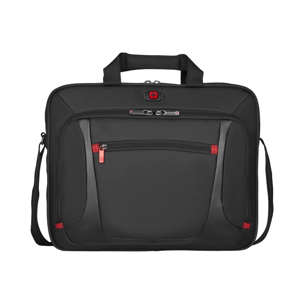 Schwarze Laptoptasche mit roten Akzenten und Tragegriff