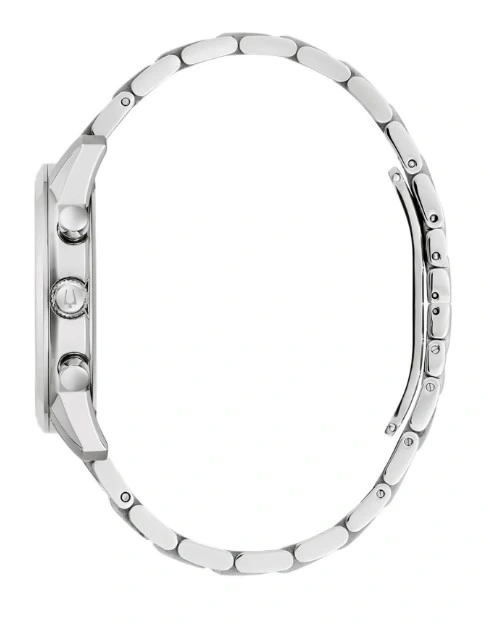 Seitenansicht einer silbernen Armbanduhr mit Gliederkette und weißem Zifferblatt