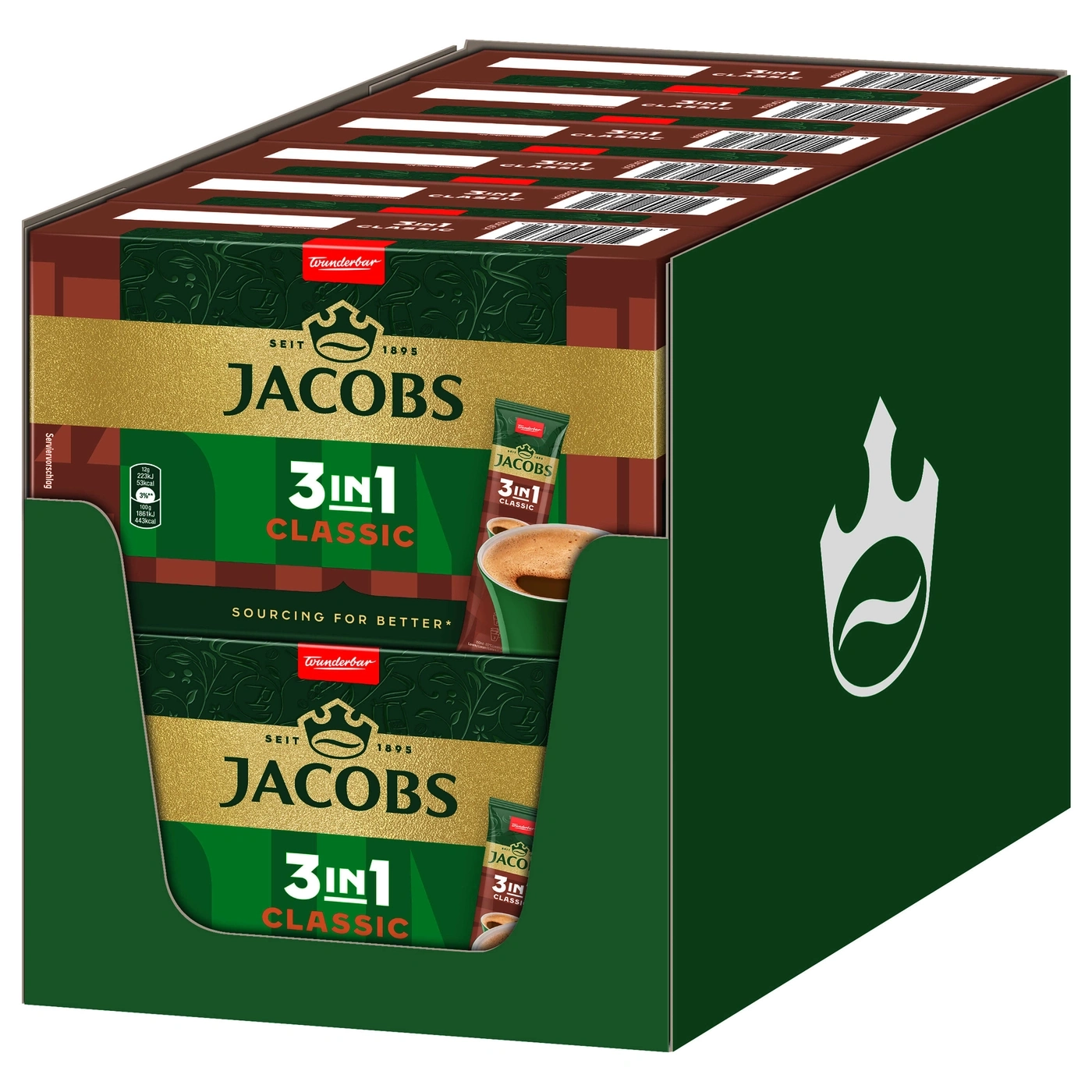 Jacobs 3in1 Classic Kaffee-Box, grün und goldfarben, mit Logo und Text