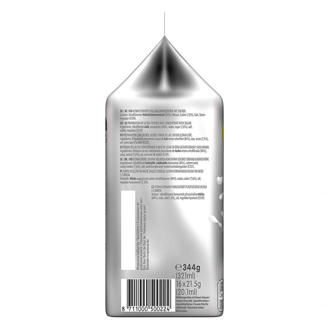 Milchprodukt mit Zutaten, Gewicht, Volumen, Haltbarkeitsdatum und Barcode.