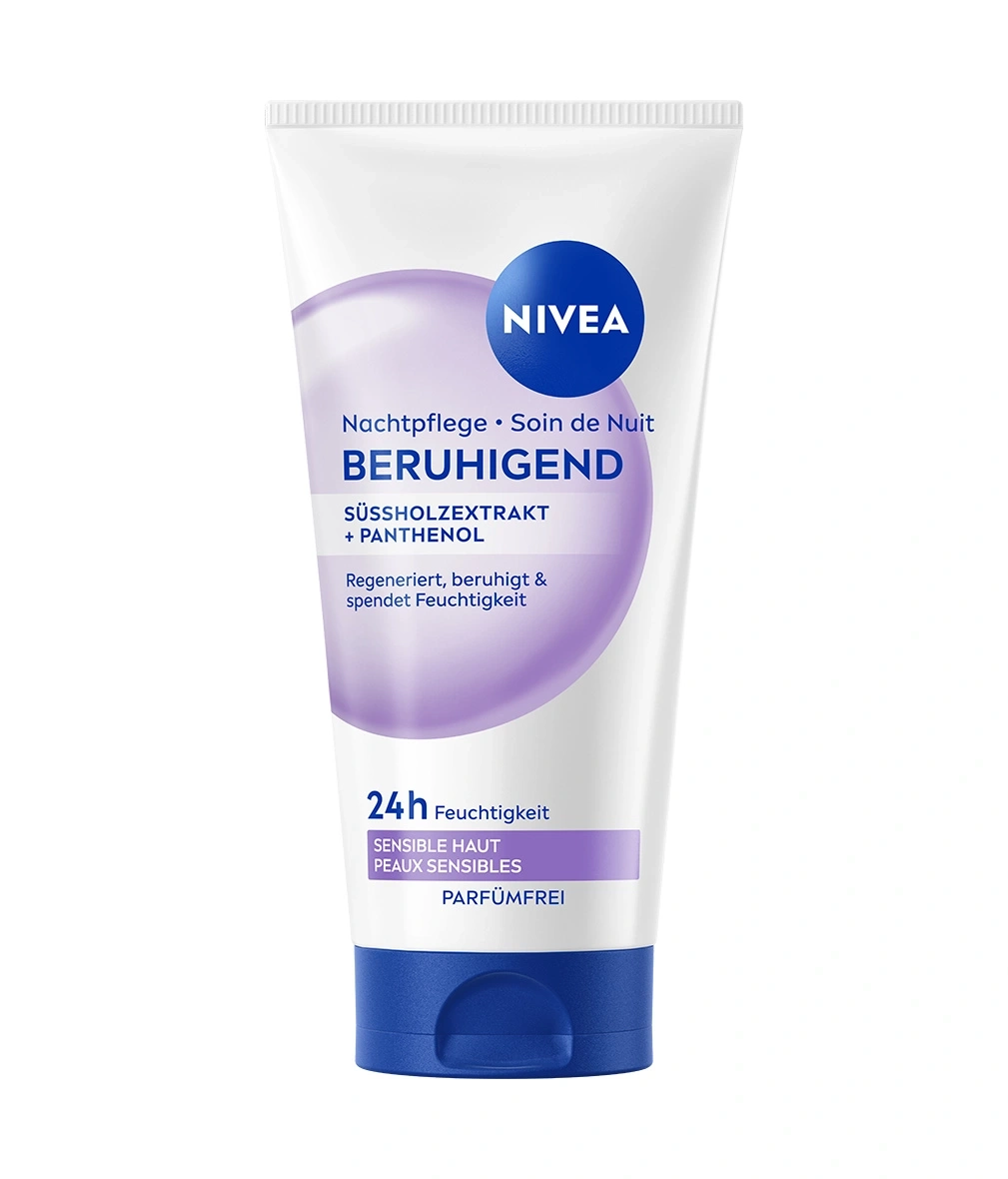 Nivea Nachtpflege für sensible Haut mit Süßholzwurzelextrakt und Panthenol.