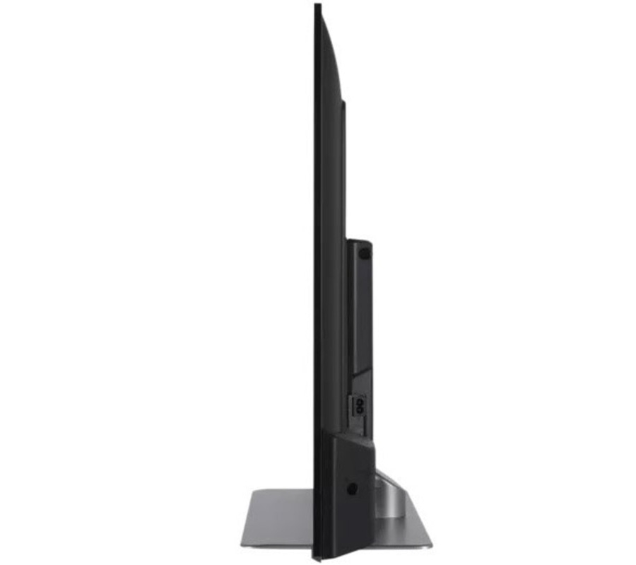 Schwarzer Fernseher im Profil, schlankes Design, mit Standfuß, moderne Technologie.