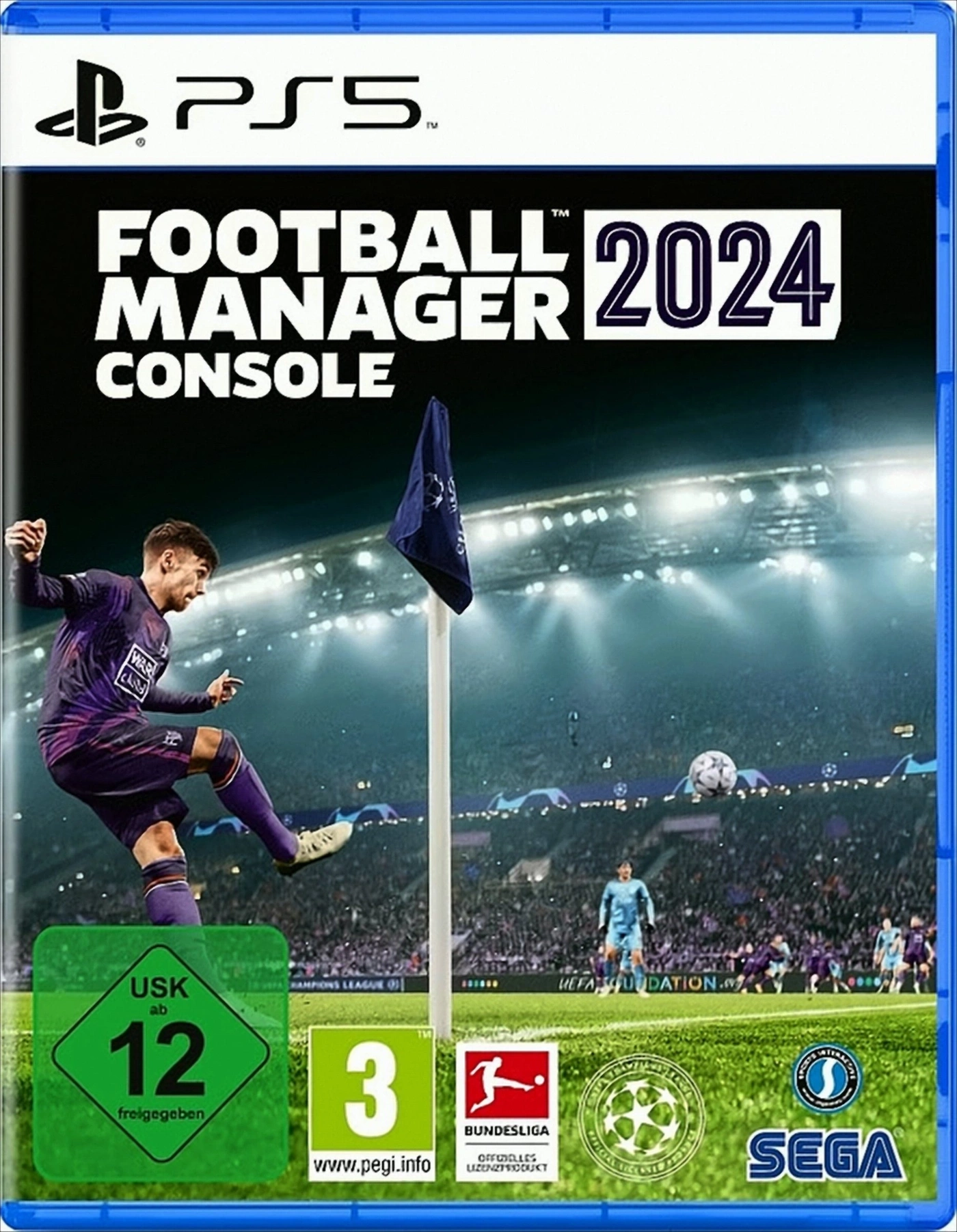 Fußball Manager 2024 für PS5 mit Spielern auf dem Spielfeld und Fankulisse.