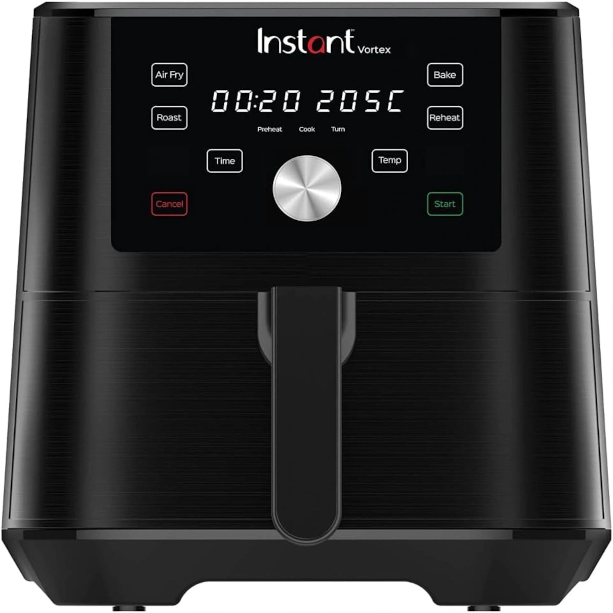 Instant Vortex Airfryer mit Bedienfeld, Zeit- und Temperatureinstellungen.