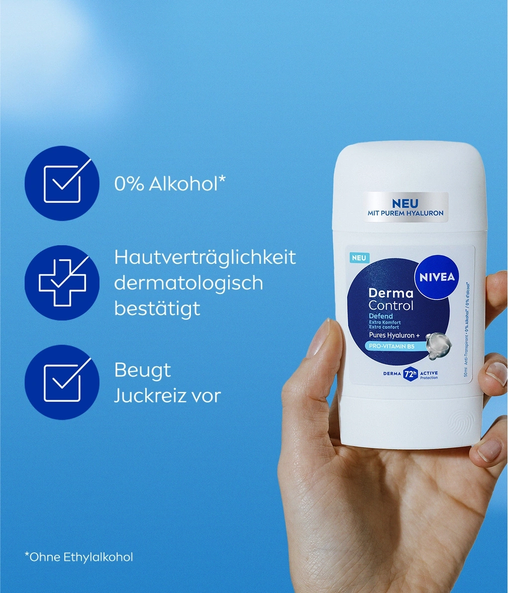 Nivea Derma Control Deodorant Stick with Pure Hyaluron, 0% Alcohol.