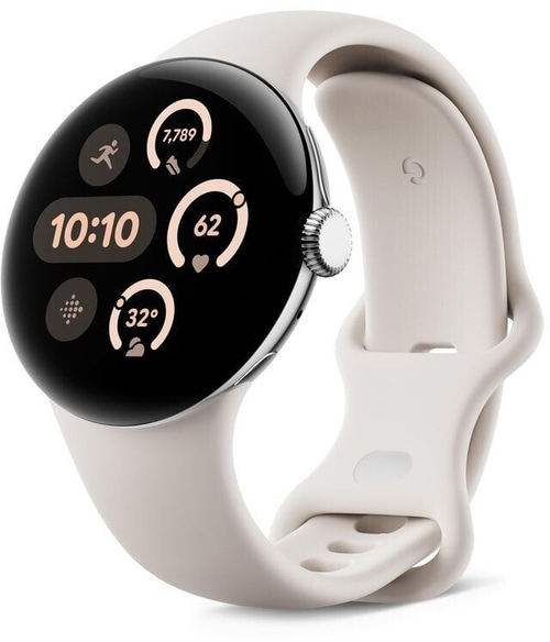 Eine weiße Smartwatch mit einem runden Display, das die Uhrzeit und Gesundheitsdaten anzeigt.