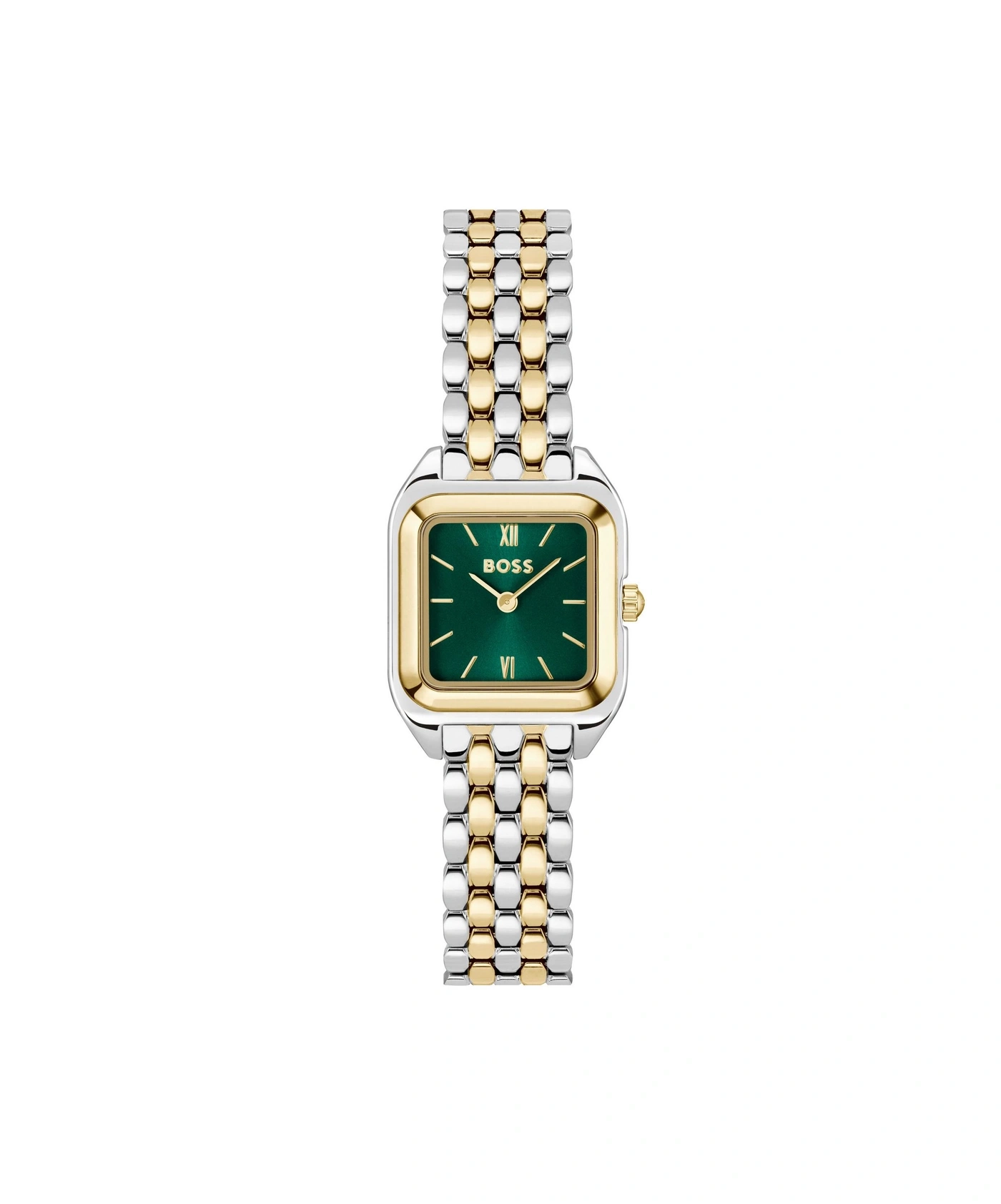 Eine stilvolle, zweifarbige Armbanduhr mit grünem Zifferblatt.