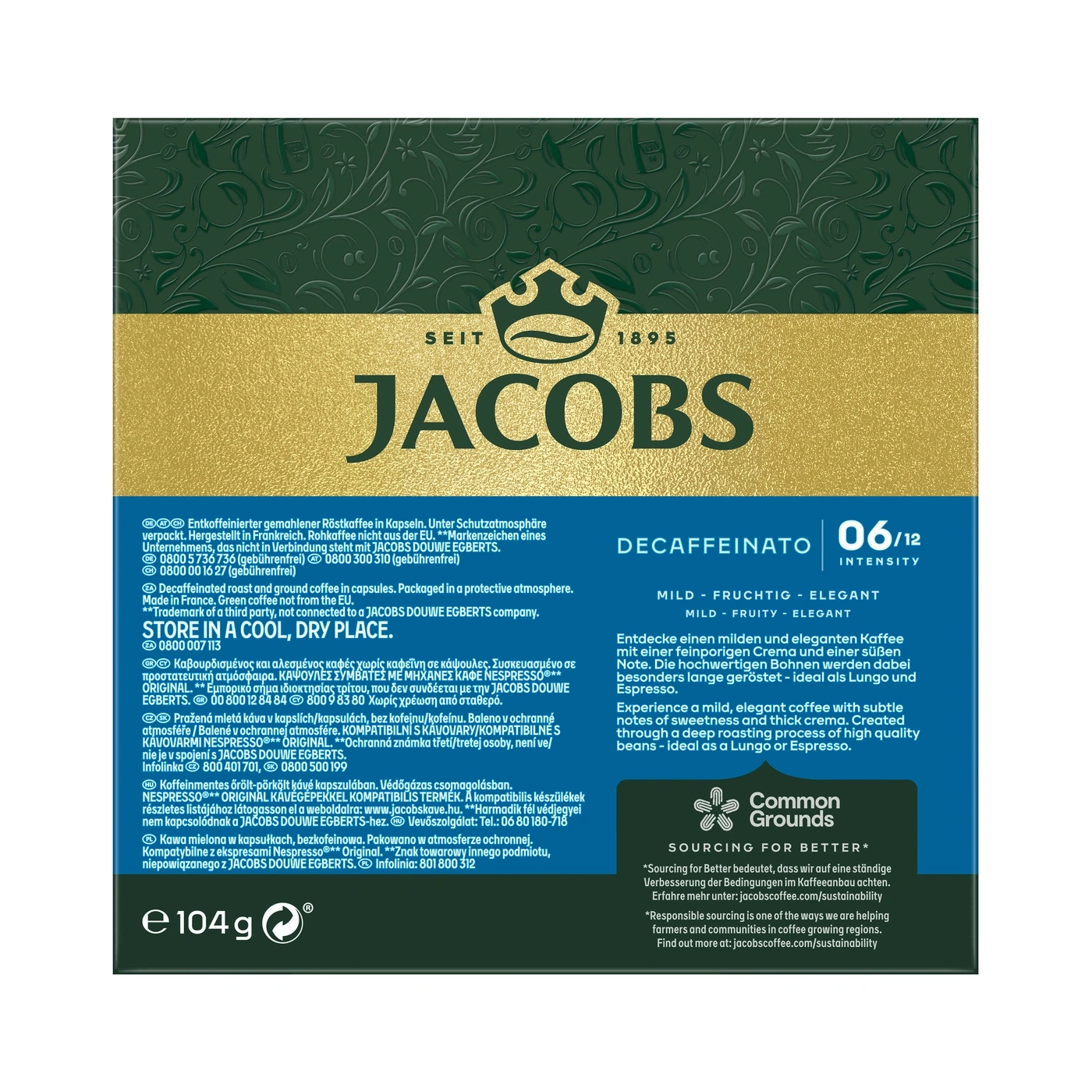 Kaffee Jacobs Decaffeinato, mild, fruchtig, elegant, 06/12, 104g, Kapseln, Lungo, Espresso