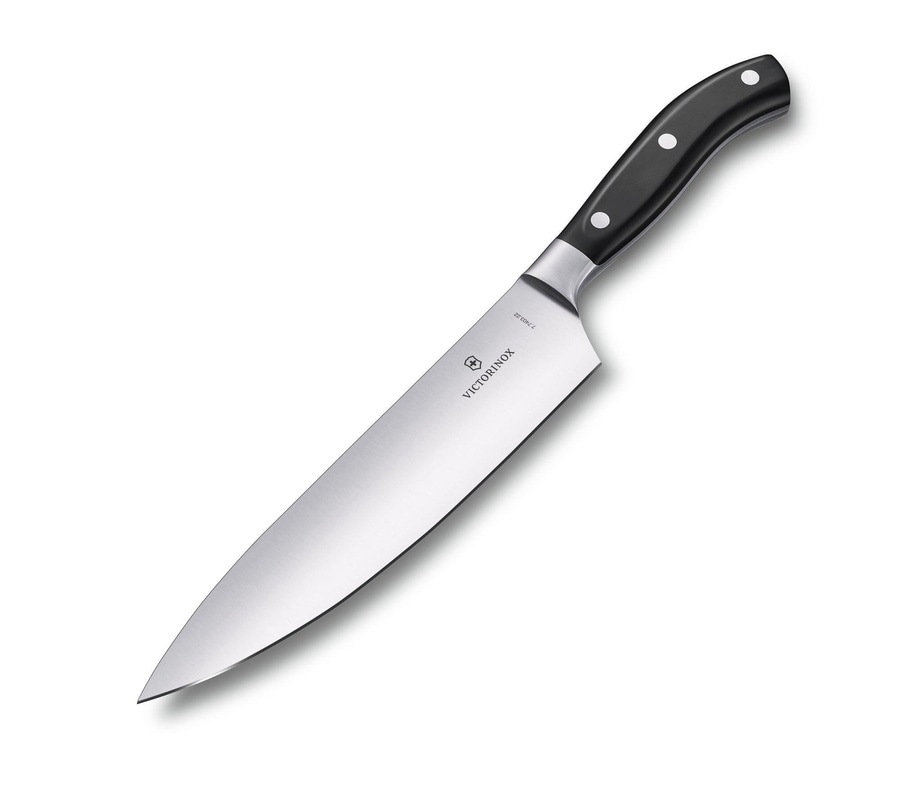 Ein Küchenmesser mit schwarzem Griff und silberner Klinge, Victorinox-Logo.