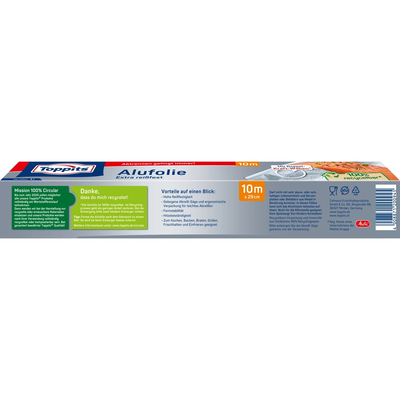 Toppits Alufolie, extra reißfest, 10m x 29cm, recycelbar, zum Kochen, Backen, Braten, Grillen