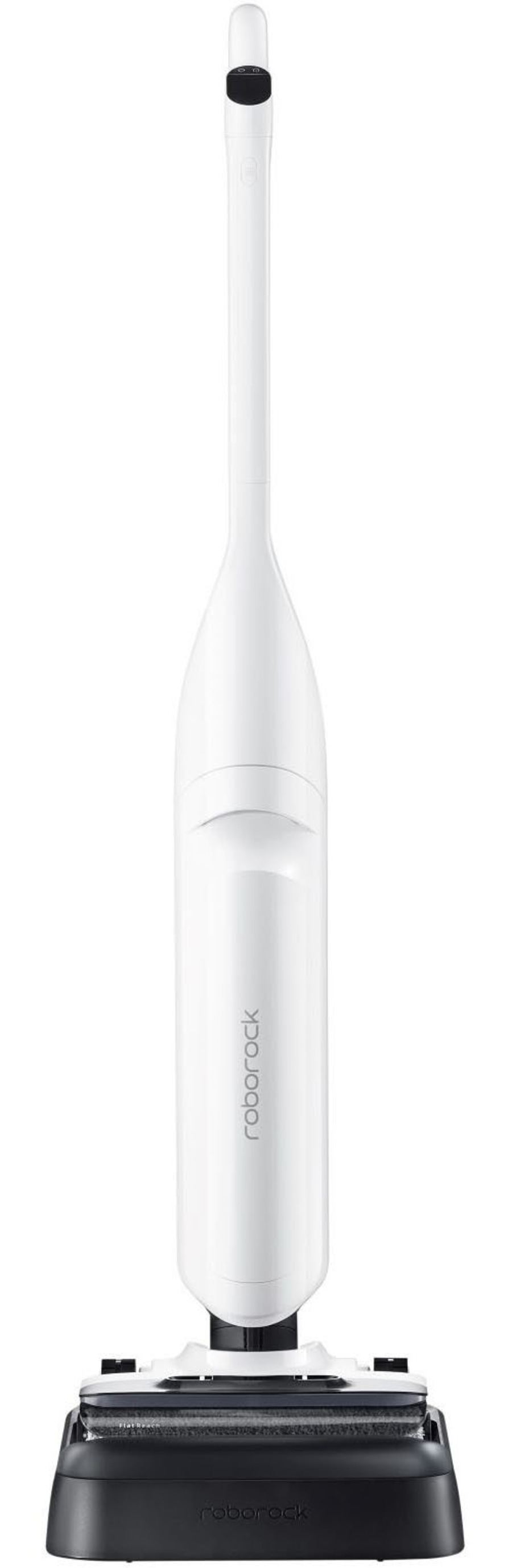 Weißer Roborock-Staubsauger, der aufrecht steht, mit schwarzem Boden und Griff.