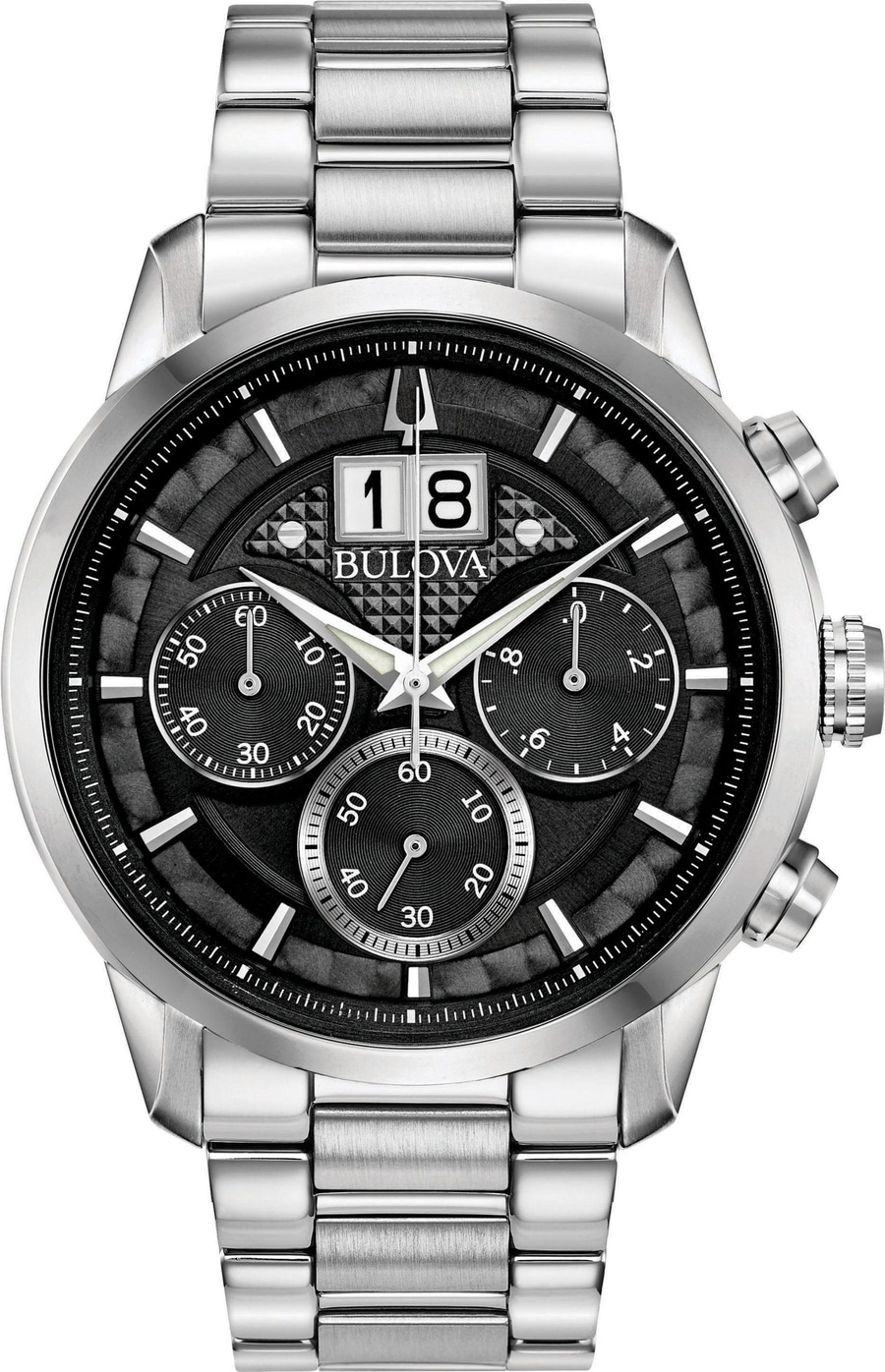 Bulova-Uhr mit schwarzem Zifferblatt, Datumsanzeige, Chronographen-Funktion und Edelstahlarmband.