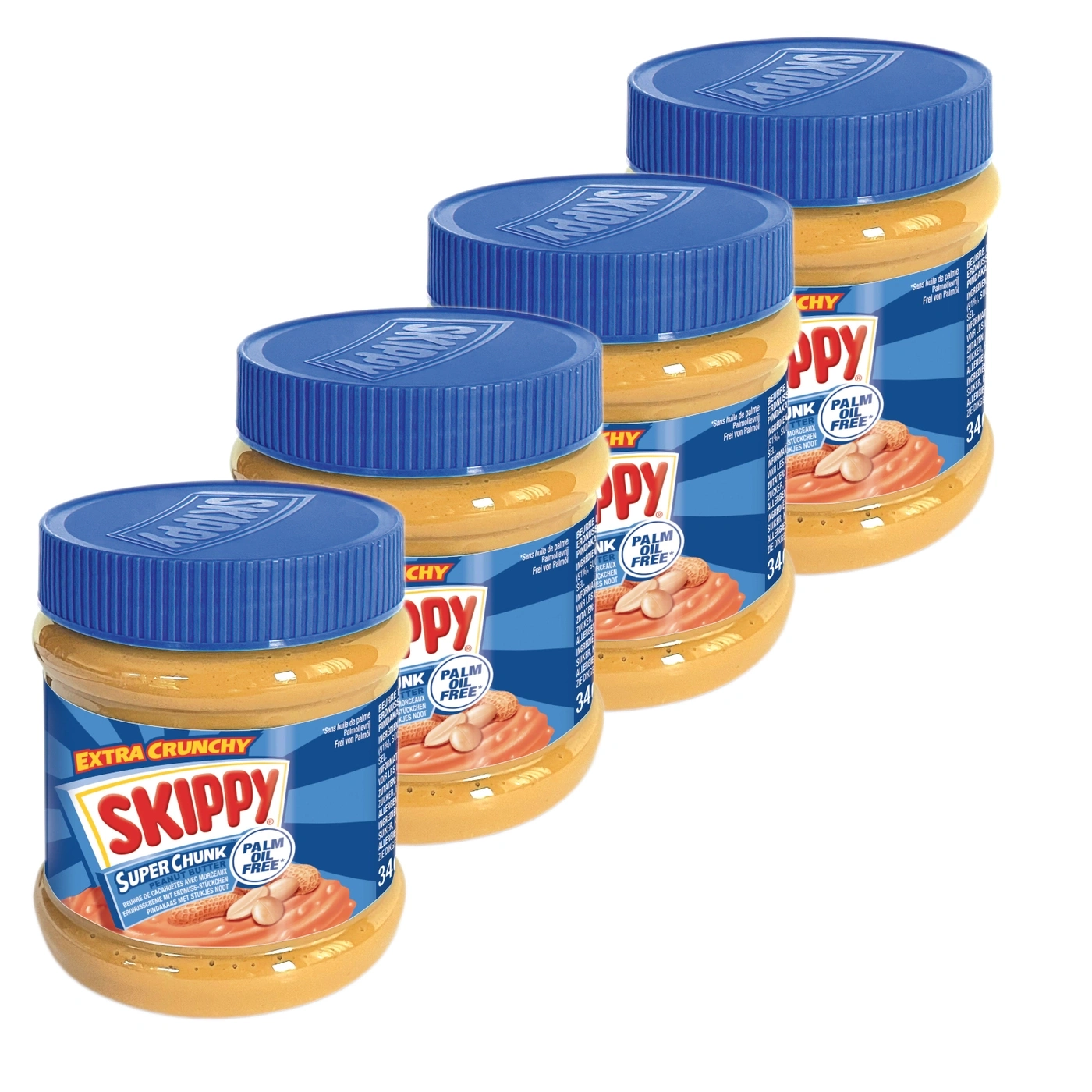 Vier Gläser Skippy Super Chunk Erdnussbutter mit blauen Deckeln, vorne ein Glas mit gelber Butter und Nüssen.