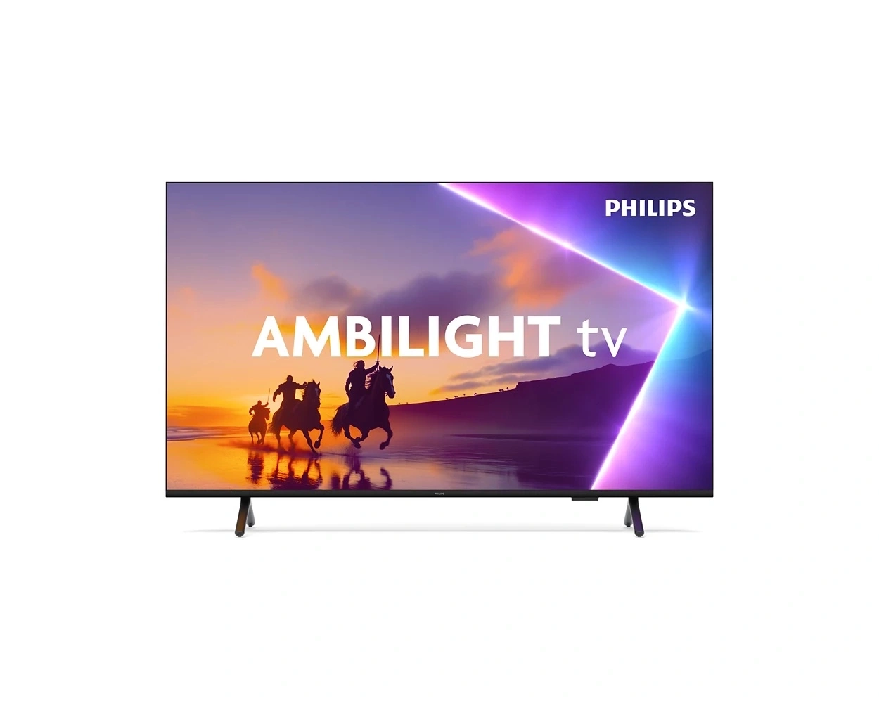 Philips Ambilight Fernseher zeigt eine Landschaftsszene mit Reitern bei Sonnenuntergang.