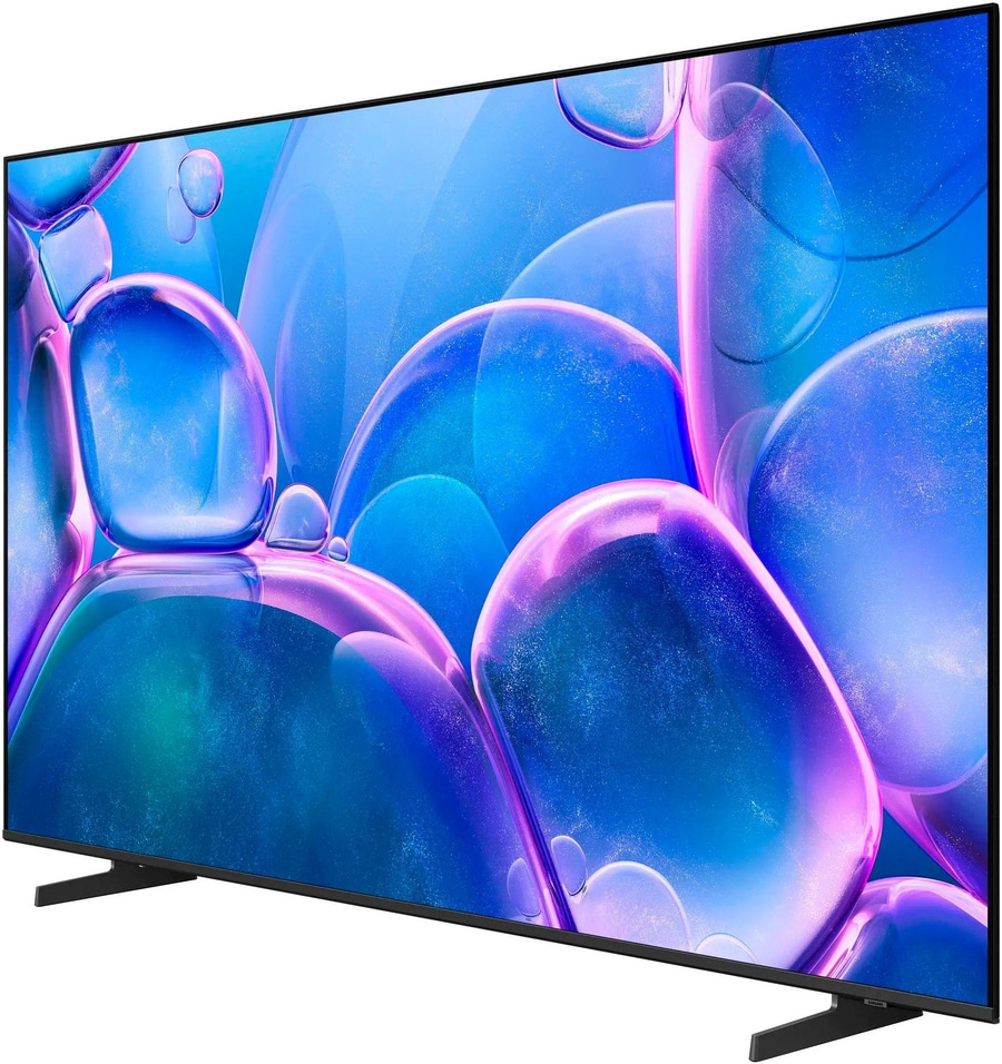 Ein Fernseher mit einem blauen und violetten Muster auf dem Bildschirm.