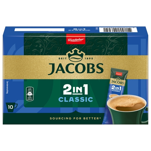 Jacobs 2in1 Classic Kaffee-Packung mit 10 Portionen, dunkelgrün und goldfarben