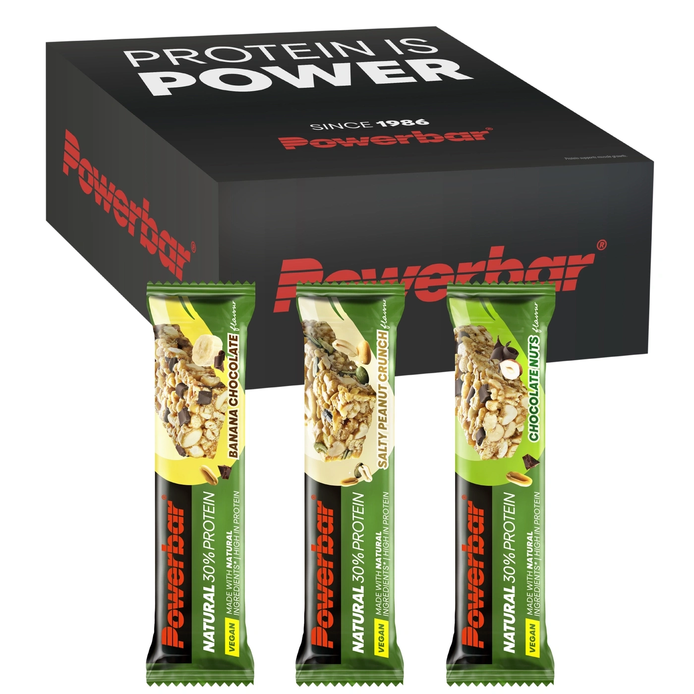 Powerbar Riegelbox und drei Proteinriegel: Banane, Salzig-Erdnuss, Schokolade-Nüsse
