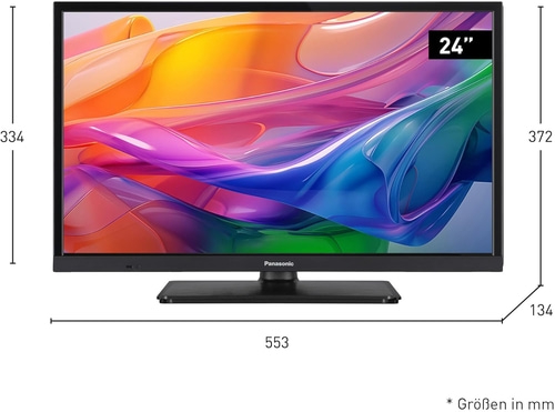 Panasonic Fernseher mit bunten Farben, 24 Zoll Bildschirm, Maße in mm.