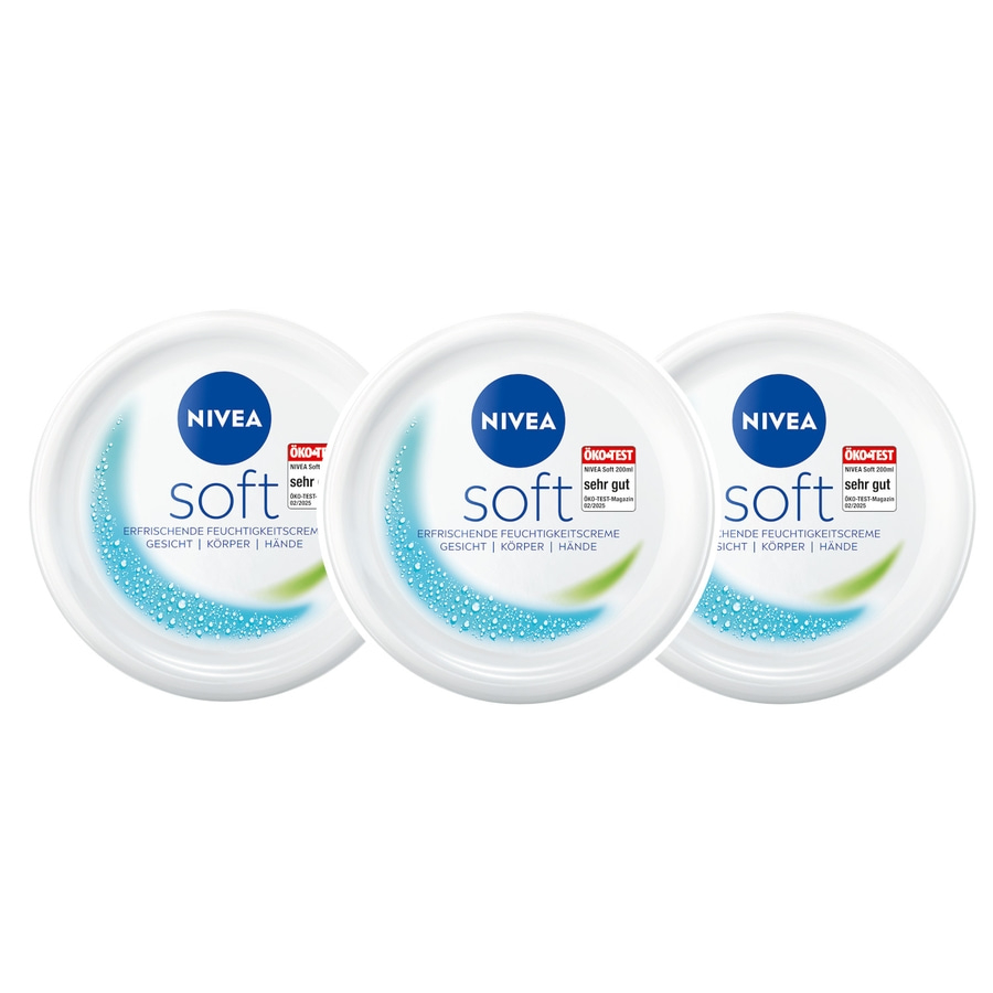 Drei Nivea Soft Cremes mit Öko-Test-Siegel, sehr gut, für Gesicht, Körper und Hände.
